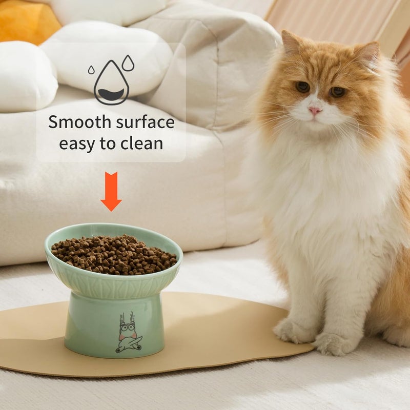 OMAYKEY 6.5 Inch Extra Wide Elevated Cat Bowls, Ceramic Raised Tilted Cat Bowl for Food and Water, Porcelain Pet Feeder Dishes for Cats & Dogs, Whisker Fatigue, White & Green - Image 2